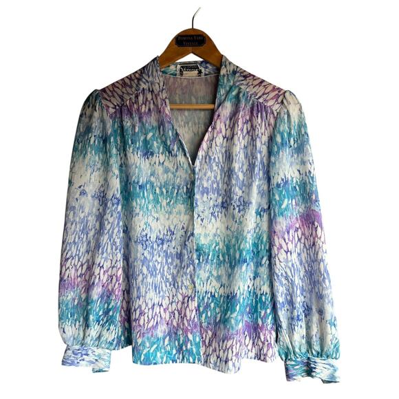 Vintage 80s Pastel Neck Tie Semi Sheer Long Sleeve Secretary Blouse Sz XL - Picture 2 of 7